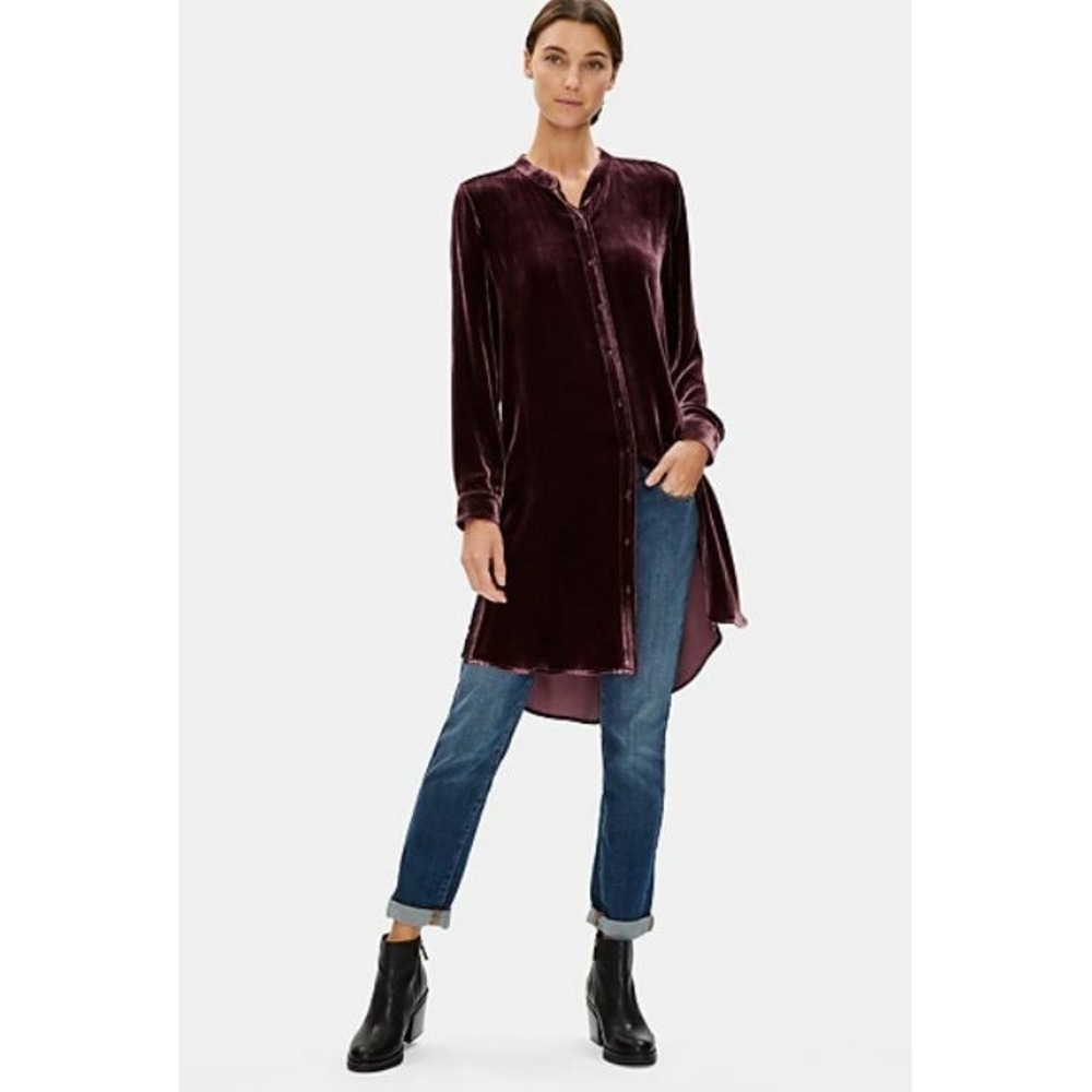 Eileen Fisher Mandarin Collar Velvet Tunic Shirt Dress in Cassis Purple Size 1X